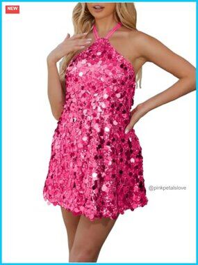 Sequin Halter Neck Mini Dress Backless Sparkly Party Club Dress